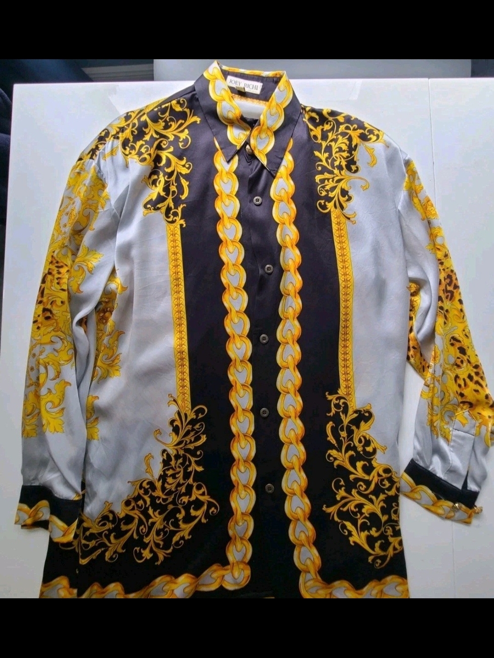 Joey Richi 100% Silk  Baroque Chain Print Button-Up Shirt in Black